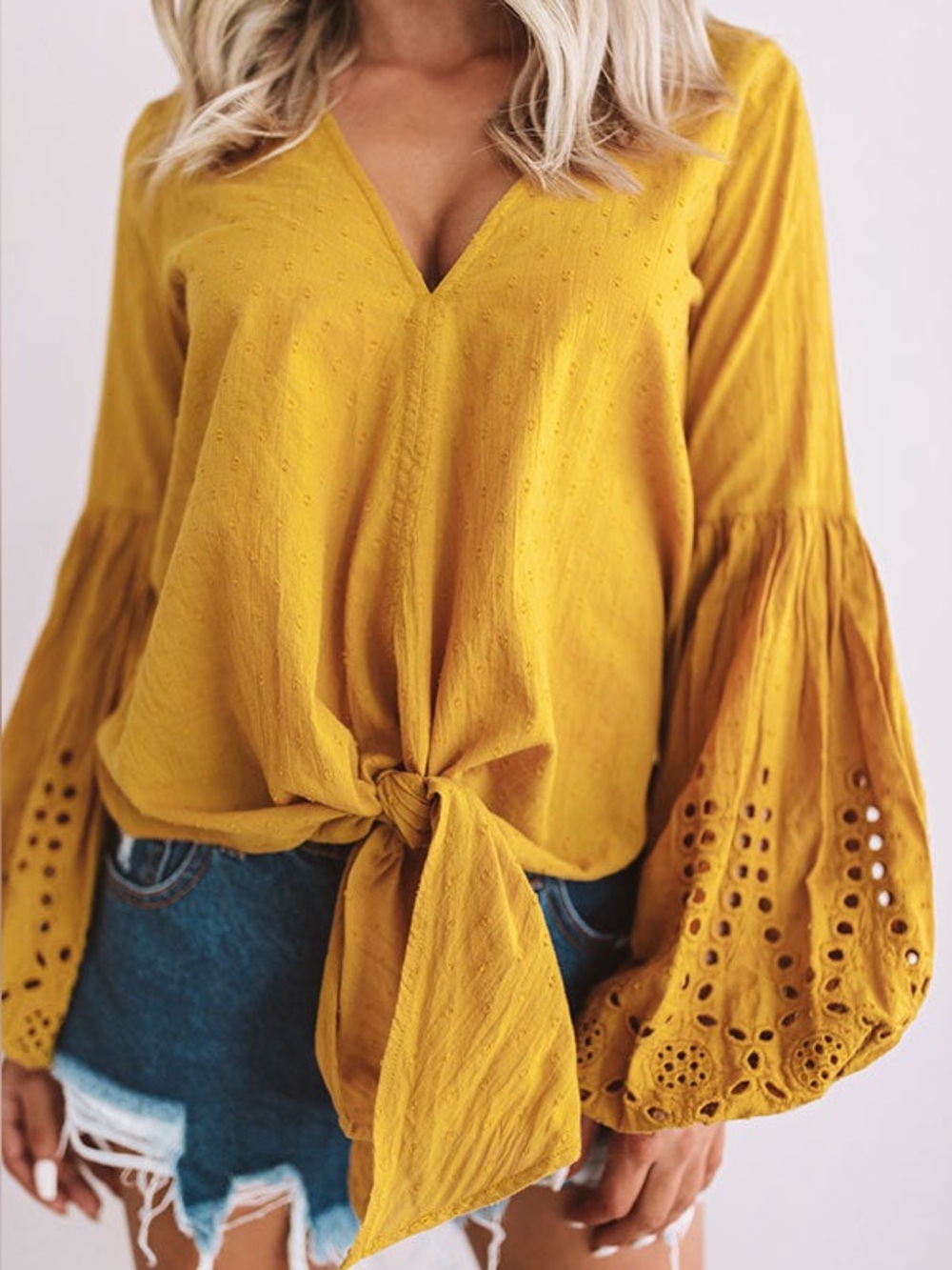 Lovestitch Mustard Yellow V-Neck Tie Front Long Bell Sleeve Shirt Boho Top S